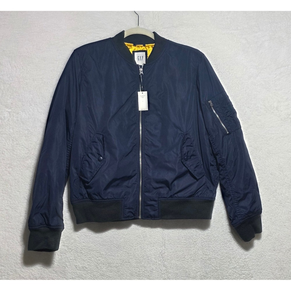 GAP Men's Navy Blue Nylon Bomber Flight Jacket Yellow Lining Large NEW
